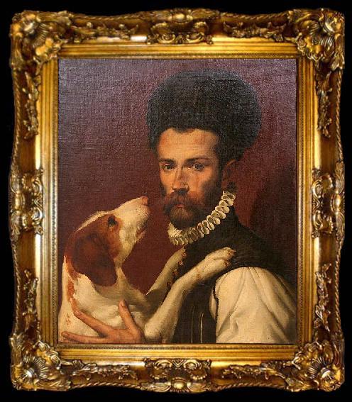 framed  Bartolomeo Passerotti Portrait of a Man with a Dog, ta009-2
